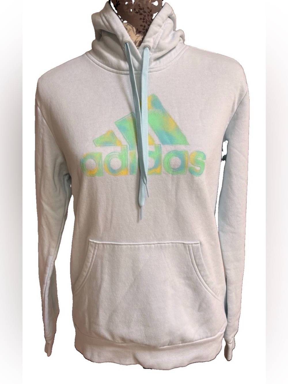Adidas Light Blue Fleece Lined Hoodie Sweatshirt Two Tone Logo Women’s Small